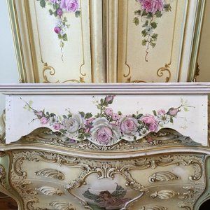 Original Hand Painted Roses Garland Wood Architectural Header Wall Pediment